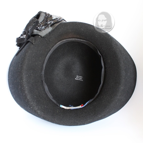 Mr. John Hat Breton Black Wool Felt Embellished Sequins Bow Formal Vintage 60s main image 6